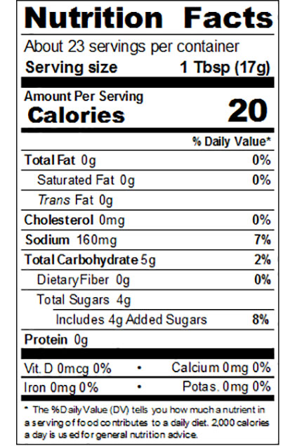 Regular Ketchup Nutrition Label