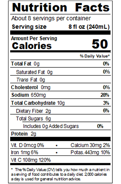 PB_WZ6P_64 oz Spicy Vegetable Juice from Concentrate - V Style_Nutrition Label
